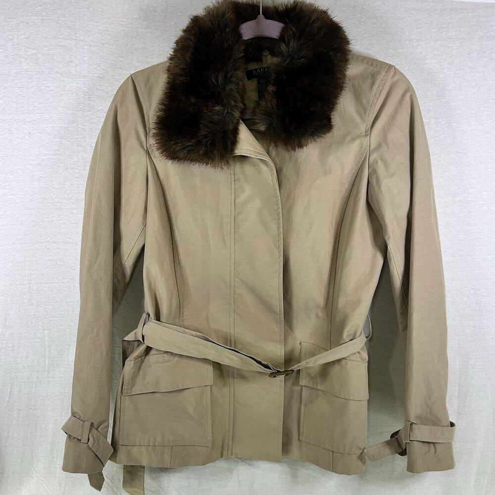 Lauren Ralph Lauren Tan Safari Utility Jacket Belted Faux Fur Woman’s Petite P